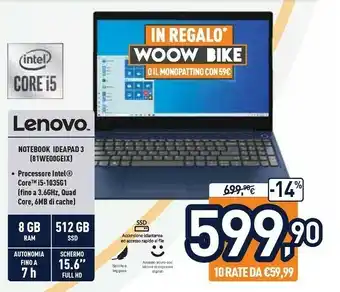 Unieuro Lenovo IdeaPad 3 Computer Portatile 39,6 Cm (15.6") 1920 X 1080 Pixel AMD Ryzen 3 8 GB DDR4-SDRAM 512 GB SSD Wi-Fi 5 (802.11a offerta