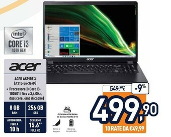 Unieuro Acer Aspire 3 A315-56-36FP Computer Portatile Nero 39,6 Cm (15.6") 1920 X 1080 Pixel Intel® Core™ I3 Di Decima Generazione 8 offerta