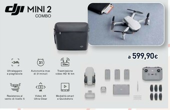 Unieuro DJI Mini 2 Combo Quadrirotore Nero, Bianco 4 Rotori 12 MP 3840 X 2160 Pixel 2250 MAh offerta