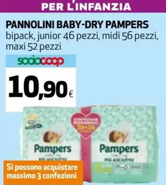 Coop Pampers Baby-Dry pannolini junior 46 pezzi, midi 56 pezzi, maxi 52 pezzi offerta