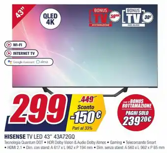 Trony Hisense Tv Led 43" 43A72GQ offerta
