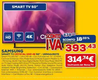 Euronics Samsung Smart Tv Crystal UHD 4K 50" UE50AU9070 offerta