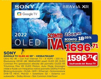 Euronics Sony Google Tv Oled 4K 55" XR55A75KAEP offerta