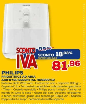 Euronics Philips Friggitrice Ad Aria Airfryer Essential HD9200/10 offerta