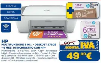 Euronics HP Multifunzione 3 in 1 - Deskjet 2720E + 6 Mesi di Inchiostro Con HP+ offerta