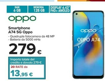 Carrefour Oppo OPPO A74 16,3 cm (6.43") Doppia SIM ColorOS 11.1 4G USB tipo-C 6 GB 128 GB 5000 mAh Nero offerta