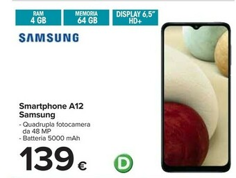Carrefour Samsung Galaxy A12 16,5 Cm (6.5") Doppia SIM 4G USB Tipo-C 4 GB 64 GB 5000 MAh Nero offerta