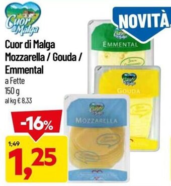 DPiù Cuor di Malga Mozzarella/Gouda/Emmental a Fette 150 g offerta