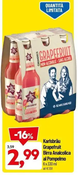 DPiù Karlsbräu Grapefruit Birra Analcolica al Pompelmo 6x330 ml offerta