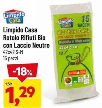 DPiù Limpido Casa Rotolo Rifiuti Bio con Laccio Neutro 42x42 s-m 15 pezzi offerta