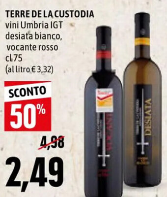 Terre de la Custodia Vini Umbria IGT Desiata Bianco, Vocante Rosso cl 75