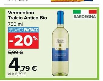 Carrefour Market Vermentino tracio antico bio 750 ml offerta