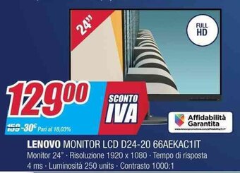 Trony Lenovo Monitor LCD D24-20 66AEKAC1IT offerta