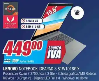 Trony Lenovo Notebook Ideapad 3 81W1018GIX offerta