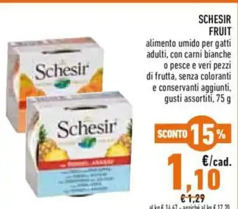 Conad Schesir Fruit alimento umido per gatti adulti, con carni bianche o pesce e veri pezzi di frutta 75g offerta