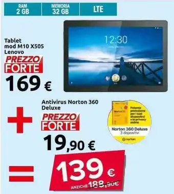 Carrefour Lenovo Tablet mod M10 X505 + Norton 360 Deluxe Antivirus offerta