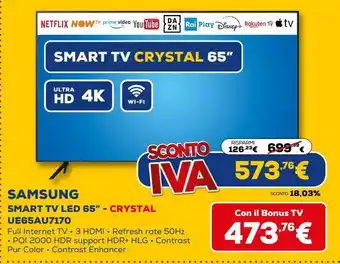 Euronics Samsung smart tv led 65" - crystal ue65au7170 offerta