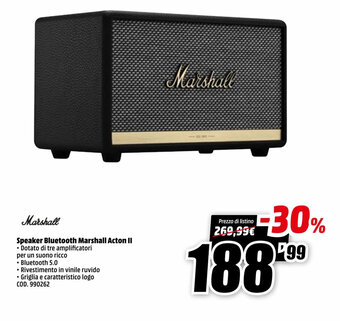 MediaWorld Marshall Speaker Bluetooth Marshall Acton II offerta
