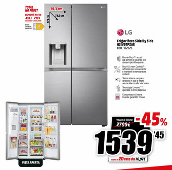 MediaWorld LG Frigorifero Side by Side GSJV91PZAE offerta