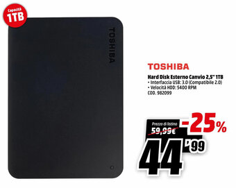 MediaWorld Toshiba Hard Disk Esterno Canvio 2,5" 1TB offerta