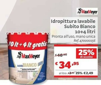 Bricocenter Maxmeyer Idropittura Lavabile Subito Bianco 10+4 Litri offerta