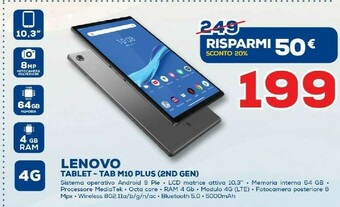 Euronics Lenovo Tab M10 Plus 4G LTE-TDD & LTE-FDD 64 GB 26,2 Cm (10.3") Mediatek 4 GB Wi-Fi 5 (802.11ac) Android 9.0 Grigio offerta