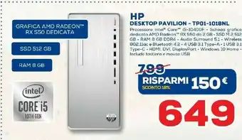 Euronics HP Pavilion TP01-1018nl DDR4-SDRAM I5-10400F Mini Tower Intel® Core™ I5 Di Decima Generazione 8 GB 512 GB SSD Windows 10 Home offerta