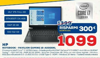 Euronics HP Pavilion Gaming 16-a0006nl DDR4-SDRAM Computer Portatile 40,9 Cm (16.1") 1920 X 1080 Pixel Intel® Core™ I7 Di Decima Gener offerta