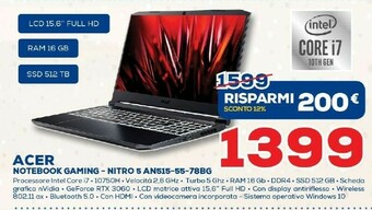 Euronics Acer Nitro 5 AN515-55-78BG DDR4-SDRAM Computer Portatile 39,6 Cm (15.6") 1920 X 1080 Pixel Intel® Core™ I7 Di Decima Generazi offerta