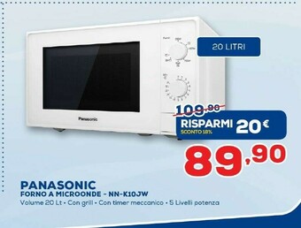 Euronics Panasonic NN-K10J , Microonde Grill, 20 Lt, Pannello Intuitivo offerta