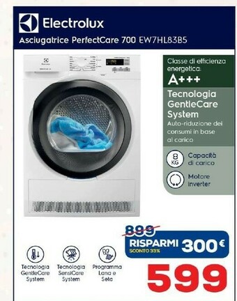 Euronics Electrolux EW7HL83B5 Libera Installazione Caricamento Frontale Bianco 8 Kg A+++ offerta