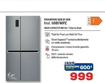 Euronics LG GSB760PZXV Frigorifero Side-by-side Libera Installazione 626 L F Acciaio Inossidabile offerta