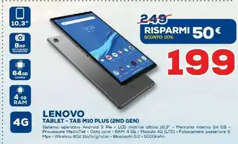 Euronics Lenovo Tab M10 Plus 4G LTE-TDD & LTE-FDD 64 GB 26,2 Cm (10.3") Mediatek 4 GB Wi-Fi 5 (802.11ac) Android 9.0 Grigio offerta