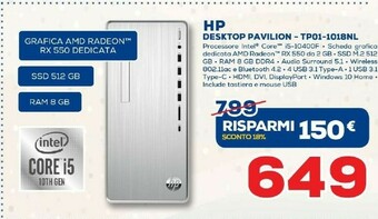 Euronics HP Pavilion TP01-1018nl DDR4-SDRAM I5-10400F Mini Tower Intel® Core™ I5 Di Decima Generazione 8 GB 512 GB SSD Windows 10 Home offerta