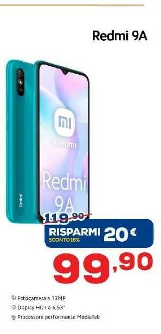 Euronics Xiaomi Redmi 9A 16,6 Cm (6.53") 4G Micro-USB 2 GB 32 GB 5000 MAh Blu offerta