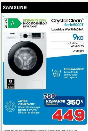 Euronics Indesit WW90TA046AE Lavatrice Libera Installazione Caricamento Frontale 9 Kg 1400 Giri/min Bianco offerta
