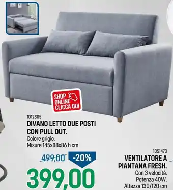 1012805 Divano Letto Due Posti Con Pull Out 145x88x86 h cm