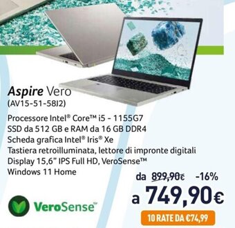 Unieuro Acer Notebook Aspire Vero (AV15-51-58J2) offerta
