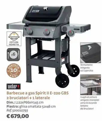 Bricocenter Barbecue a gas spirit ii e-220 gbs 2 bruciatori + 1 laterale offerta