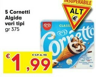 Despar Algida Cornetto Classico Con Latte Fresco Italiano Di Alta Qualità 75 G 375 G(ml) offerta