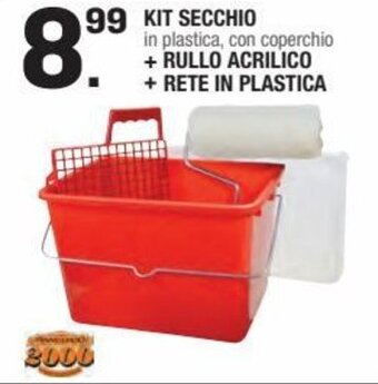 Kit Secchio in plastica, con coperchio + Rullo Acrilico + Rete in Plastica