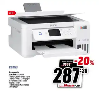 MediaWorld Epson Stampante EcoTank ET-2856 offerta