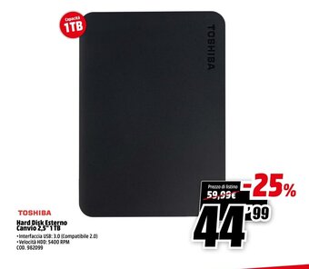 MediaWorld Toshiba Hard Disk Esterno Canvio 2,5" 1TB offerta