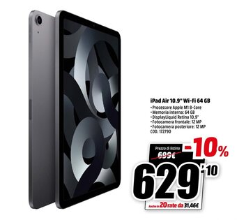 MediaWorld iPad Air 10.9" Wi-fi 64 GB offerta