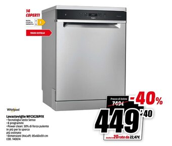 MediaWorld Whirlpool Lavastoviglie WFC3C26PFX offerta