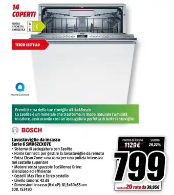 MediaWorld Bosch Lavastoviglie da Incasso Serie 6 SMV6ZCX07E offerta