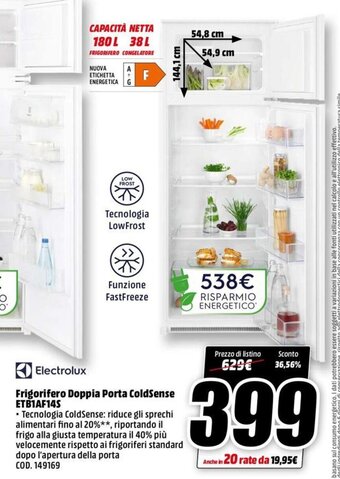 MediaWorld Electrolux Frigorifero Doppia Porta ColdSense ETB1AF14S offerta