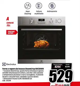 MediaWorld Electrolux Forno a vapore da incasso SteamCrisp EOC3S40X offerta