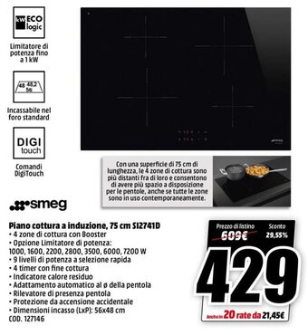 MediaWorld smeg Piano cottura a induzione, 75 cm SI2741D offerta