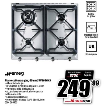 MediaWorld smeg Piano cottura a gas, 60 cm SRV564GH3 offerta